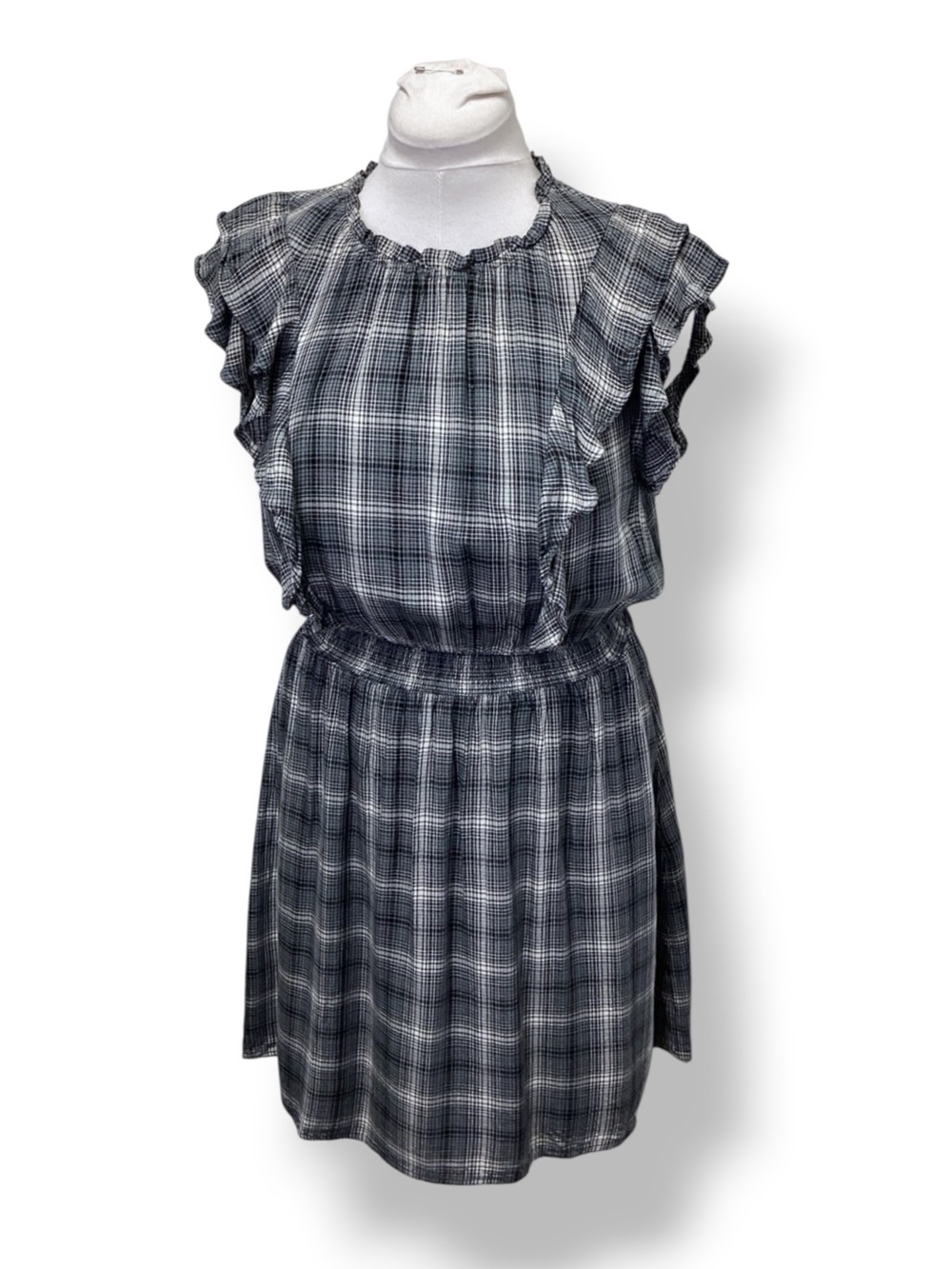 Universal Thread Women’s Ruffle Cap Sleeve Plaid Casual Dress, Gray, size L